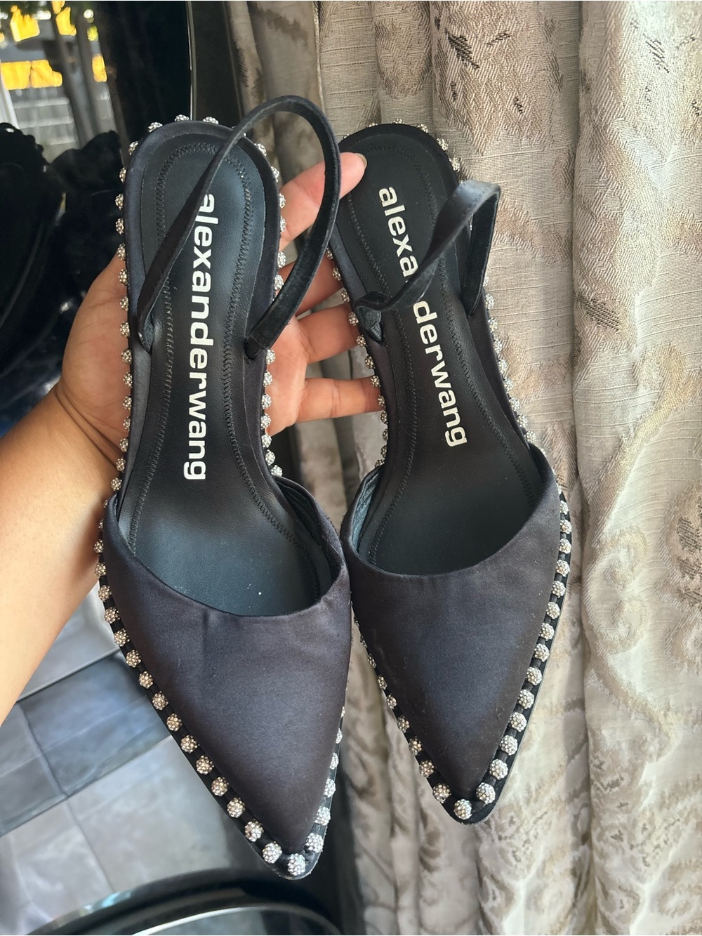 Alexander Wang Black Satin Pointed Slingbacks with Crystal Border